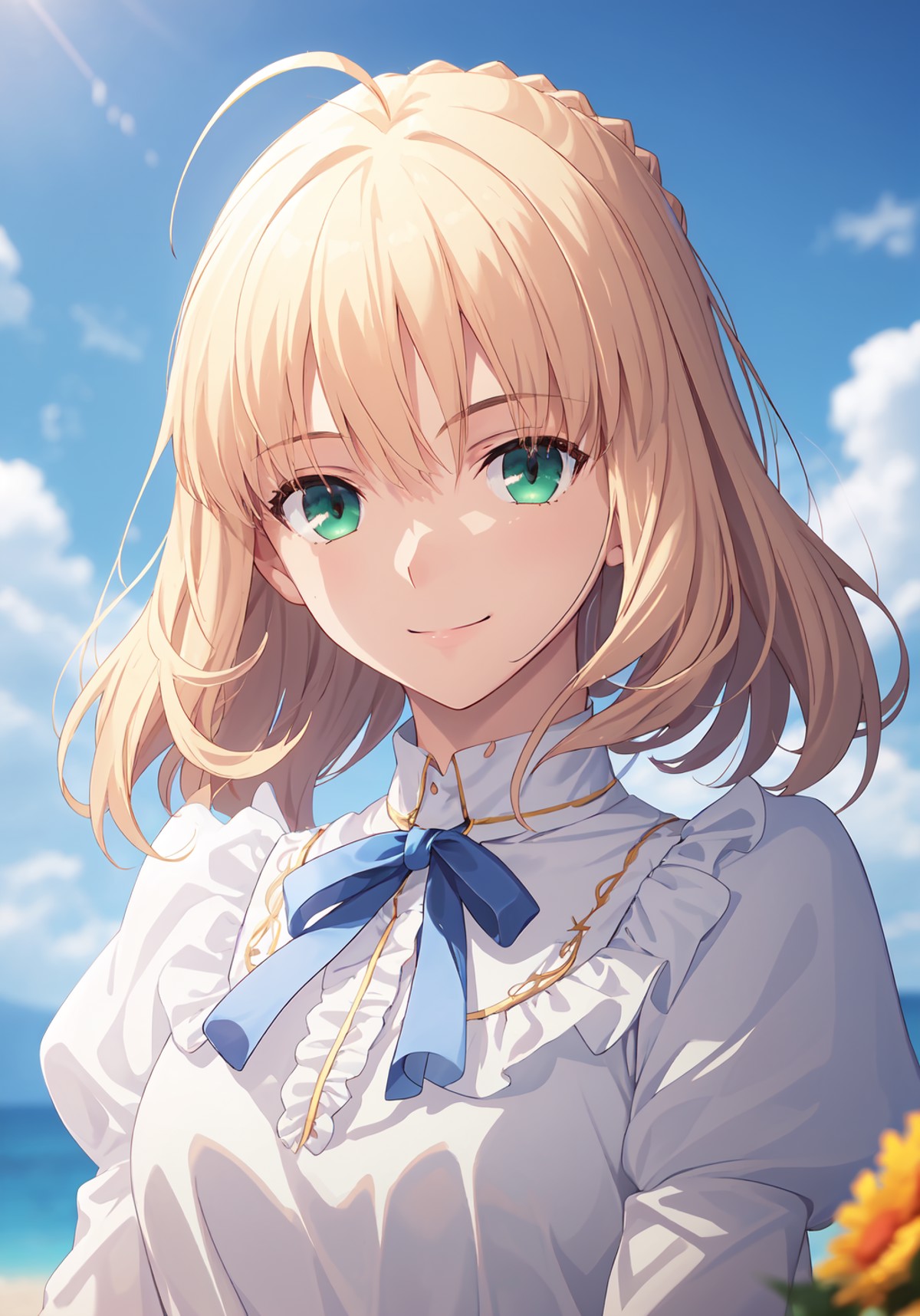 best quality, masterpiece,<lora:saber_v1:0.9>, phSaber, phAltoria, 1girl, solo, cloud, sky, long hair, looking at viewer, ...